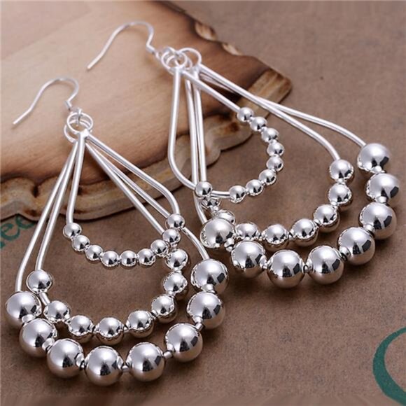 Chandelier Beaded Dangle Style 925 Sterling Silver Bali Hoop Earrings - Picture 4 of 4